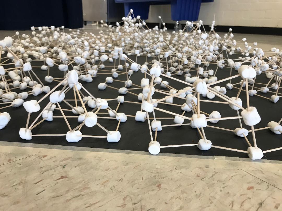 Students show off their engineering skills using toothpicks and marshmallows to create unique structures.